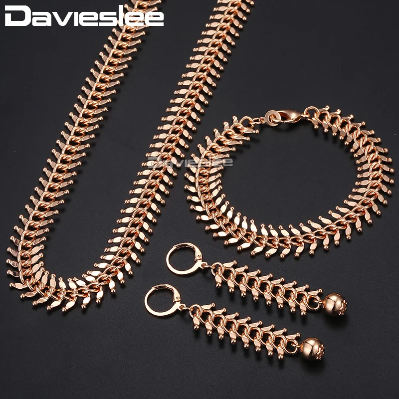 Davieslee Jewelry Set For Women 585 Rose Gold Color Centipede Link Chain Necklace Bracelet Earrings Woman Dropshipping DCSM01