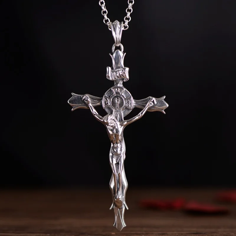 S925silver jewelry  Europe and America retro Thai silver big Jesus cross  pendant