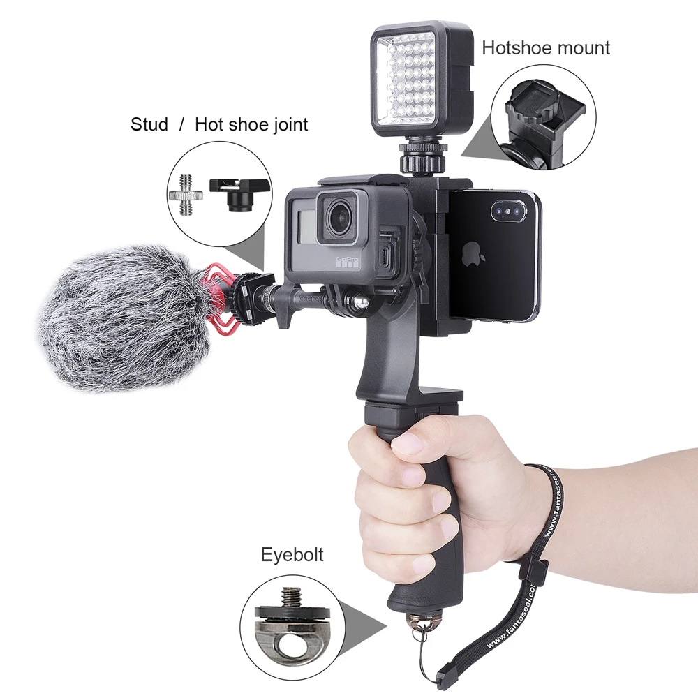 2in1 Action Camera+Smartphone SYN Video Kit Hand Grip Stabilizer Camcorder Handle Mount Vlog Rig Holder for Gopro Sony+iPhone