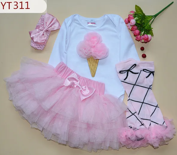 Baby Girls Birthday Gifts Toddler long sleeve rompers pink tutu skirt leg warmer bow hair band 4 pcs clothing set Party Outfits