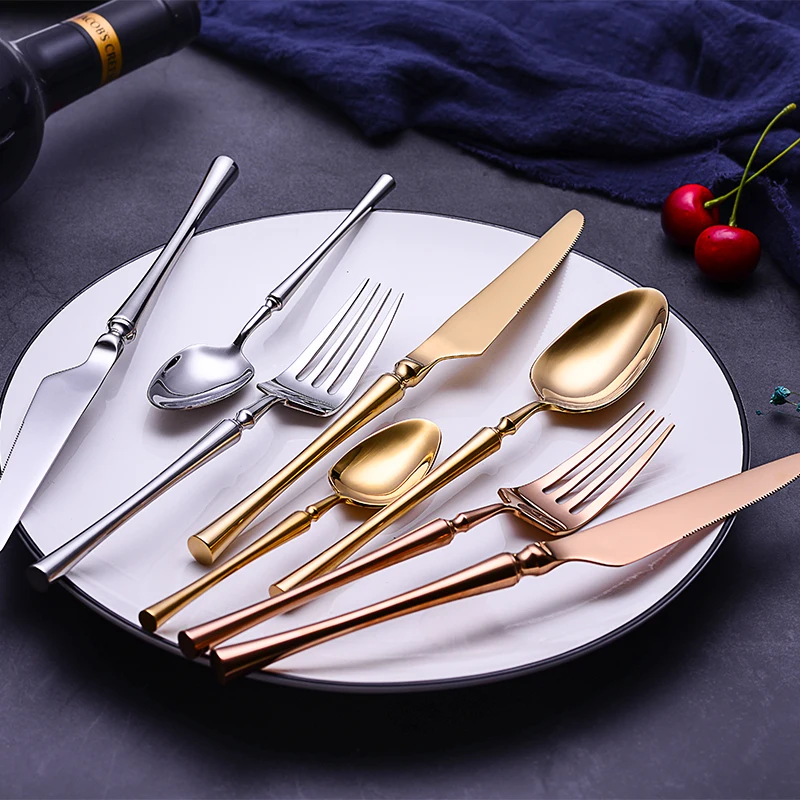 24pcs/lot Korean Food Portable Cutlery 304 Stainless Steel Table Fork Knife Spoon Dinner Set Dinnerware Gold Tableware Sets