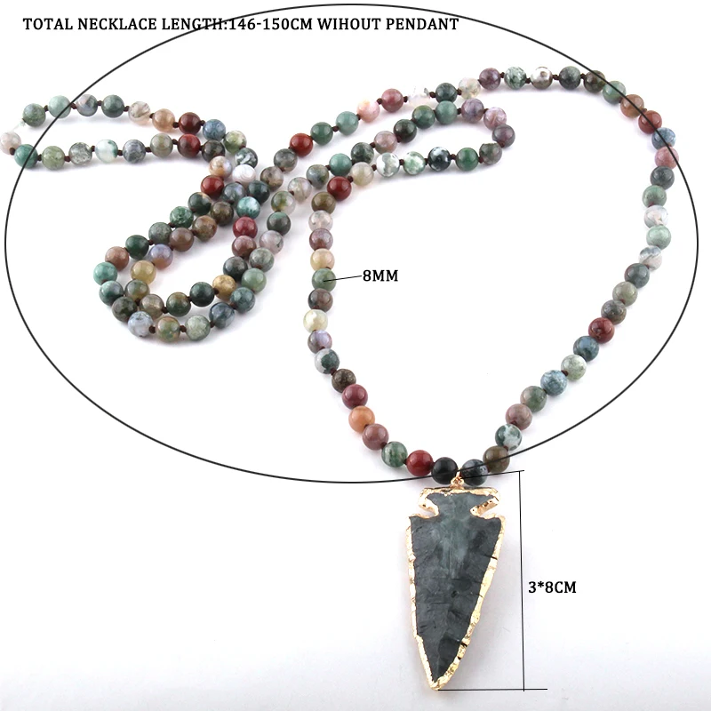Fashion 130cm Long Knot Halsband India Agat Arrowhead Pendant Necklace Handmade Women Natural Stone Bead Necklace