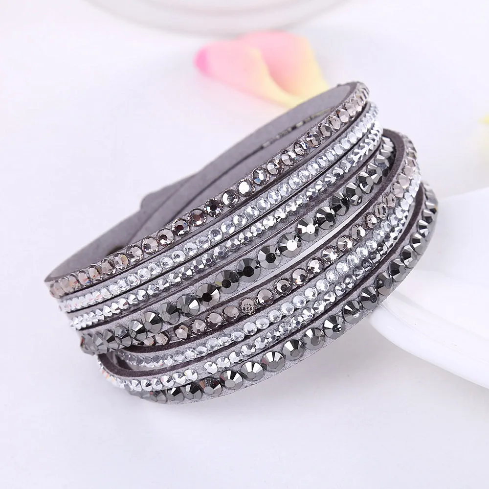 HOCOLE Fashion Wrap Leather Bangle Charm Leather Bracelet Rhinestone Crystal Jewelry For Women feminino pulseras mulher Jewelry