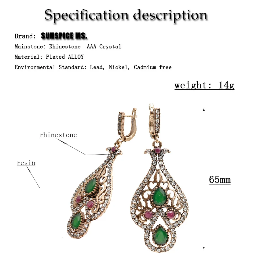 Sunspicems Chic Turkish Earring Vintage Bohemia Bride Jewelry For Women Retro Gold Color Arabic Water Drop Earring Indian Bijoux