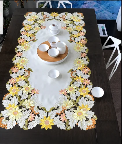 

Beige Elegant Embroidery Table Runner Pastoral Fabric Tea tablecloth, Luxury Table mat table Cover for decoration