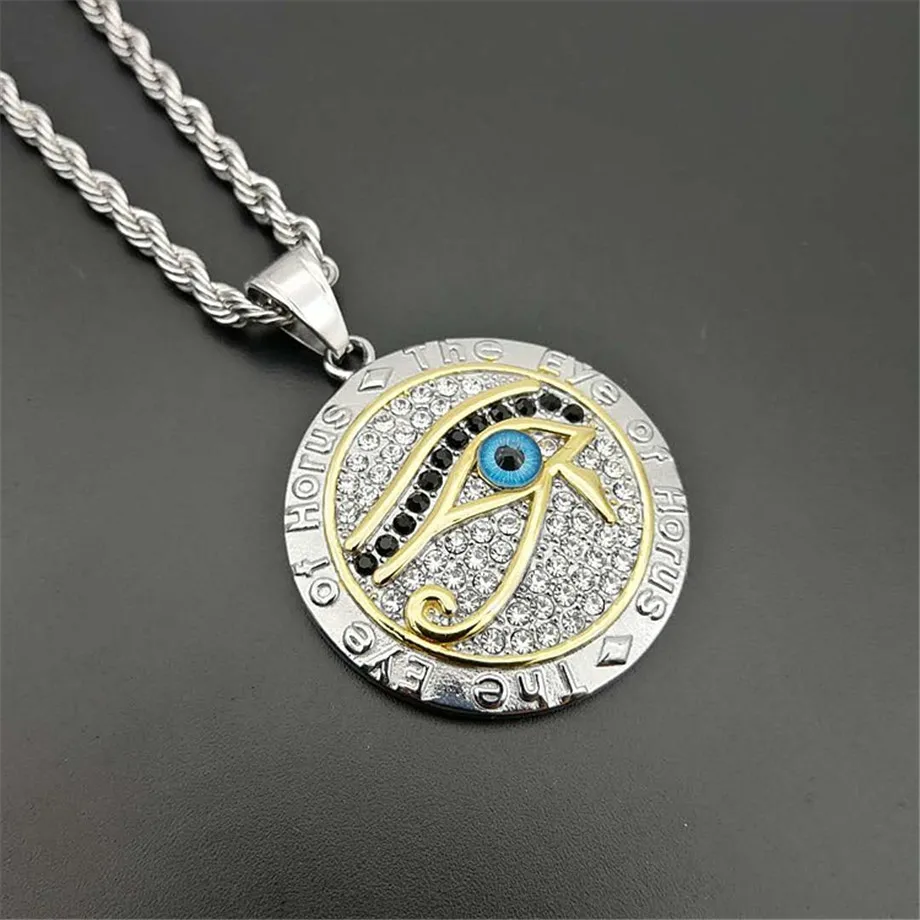 Egyptian Eye of Horus Necklace Pendant & Chain For Men Women Gold Color Stainless Steel Round Hiphop Ancient Egypt Jewelry N1238