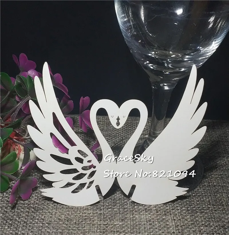 50pcs Free Shipping laser Cut Swans Heart Wedding Party Decoration Customized Name Card Seat Invitation Cup Card for Wine Glass