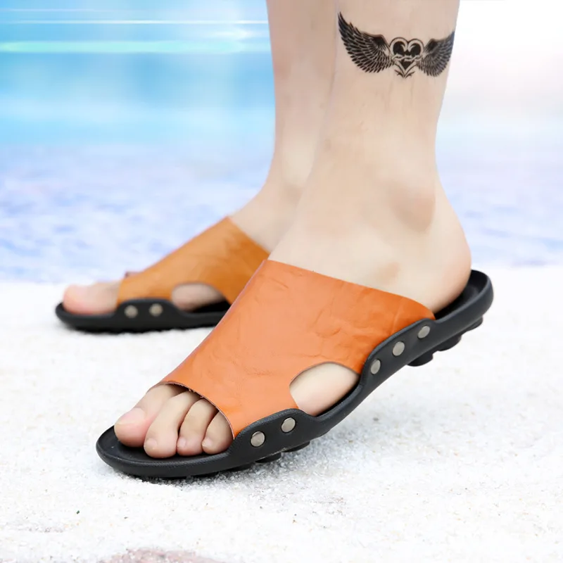 High Quality Men's Genuine Leather Slippers New Beach Leisure Slides Men's One-word Slippers Men's Anti-skid Slippers