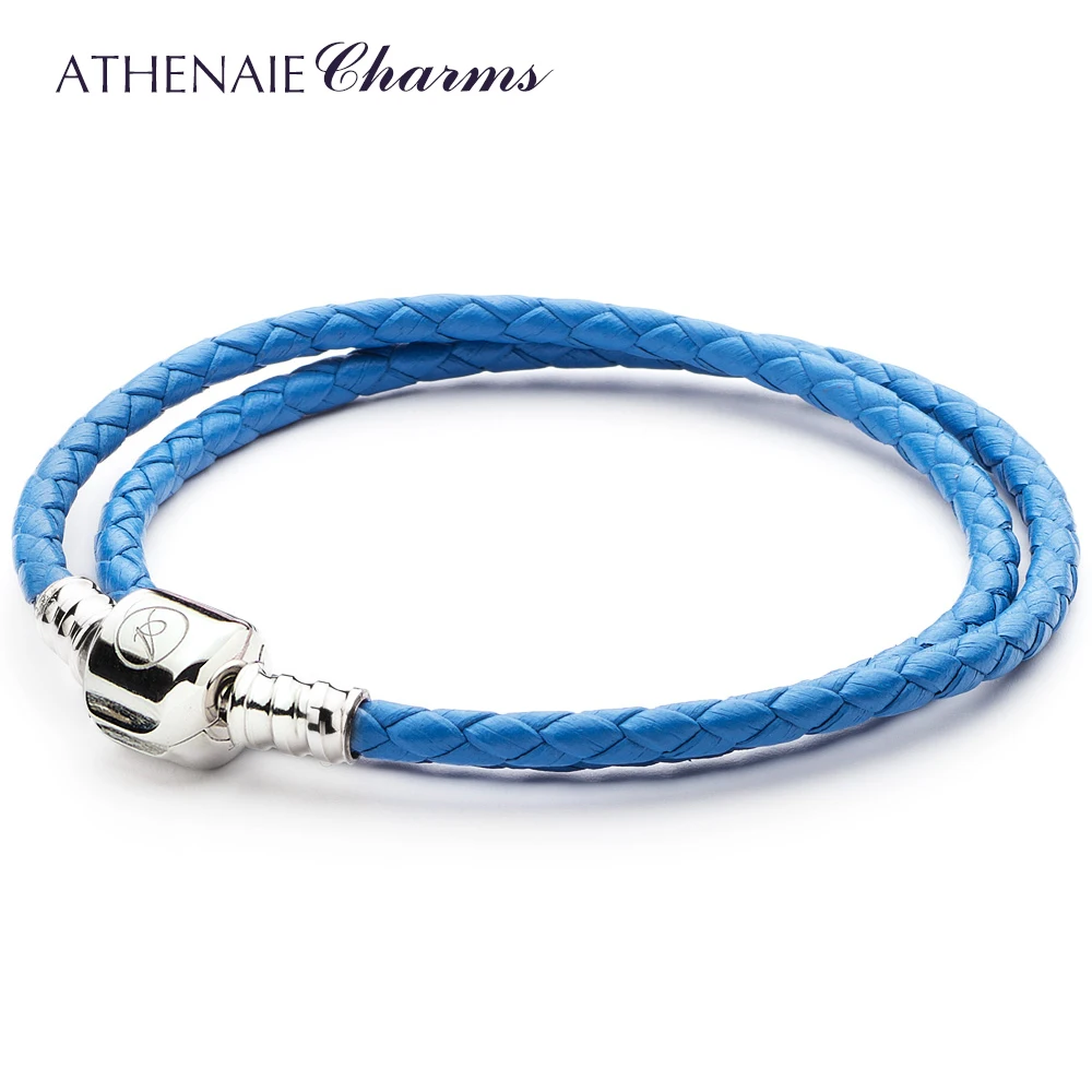 

HENAIE Sea Blue Double Braided Leather Chain Women Bracelet with 925 Sterling Silver Snap Clasp Bracelets Size 13.39inch