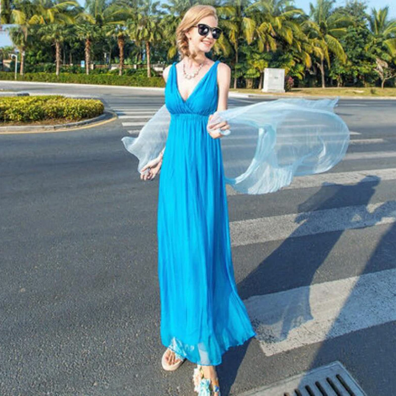 Women Silk dress Long Beach dress Shell 100% Natural Silk Solid dress summer dresses V-Neck Sleeveless Free Shipping HOT Sell