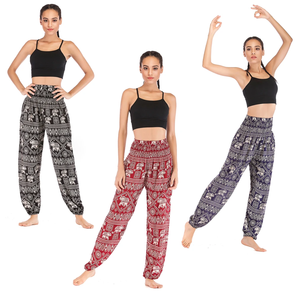 Damskie spodnie Harem czeski nadruk w stylu Vintage luźny krój Boho Hippie wysokiej talii Smocked talii spodnie plażowe spodnie ouc3301