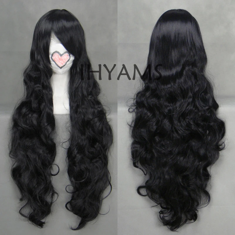 Parrucca Cosplay per capelli sintetici ondulati neri Naraku lunghi 90cm + cappuccio per parrucca