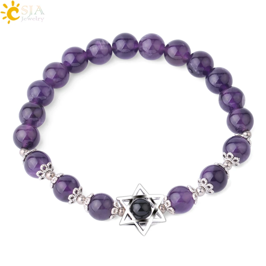 CSJA Natural Stone Hexagram Charms Bracelets Magen Star of David Lapis Lazuli Rhodonite 8MM Gem Bead Bracelet for Women Men F827