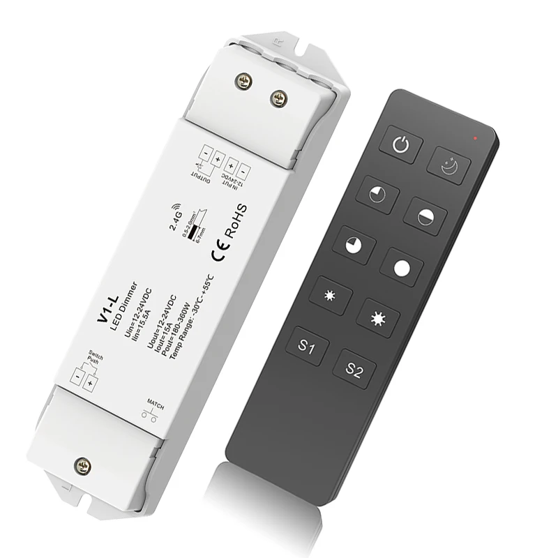 Skydance New Led Strip Dimmer 12V/24V 15A 1 Channel Output Wireless Receiver V1-L And RF Touch Remote R1 For Single Strip Use