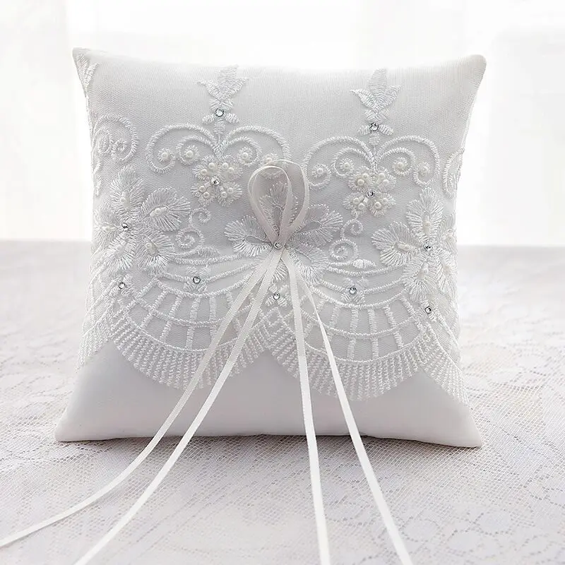 21X21cm Top Quality Wedding Ring Pillow Handmade Lace Embroidered Rhinestone Flowers Cushions Bride Wedding Decoration