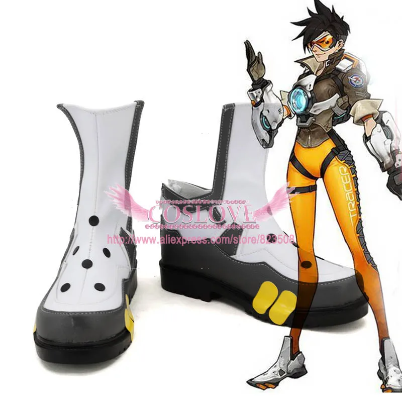 

OW Game Tracer Lena Oxton White and Grey Shoes Cosplay Boots CosplayLove