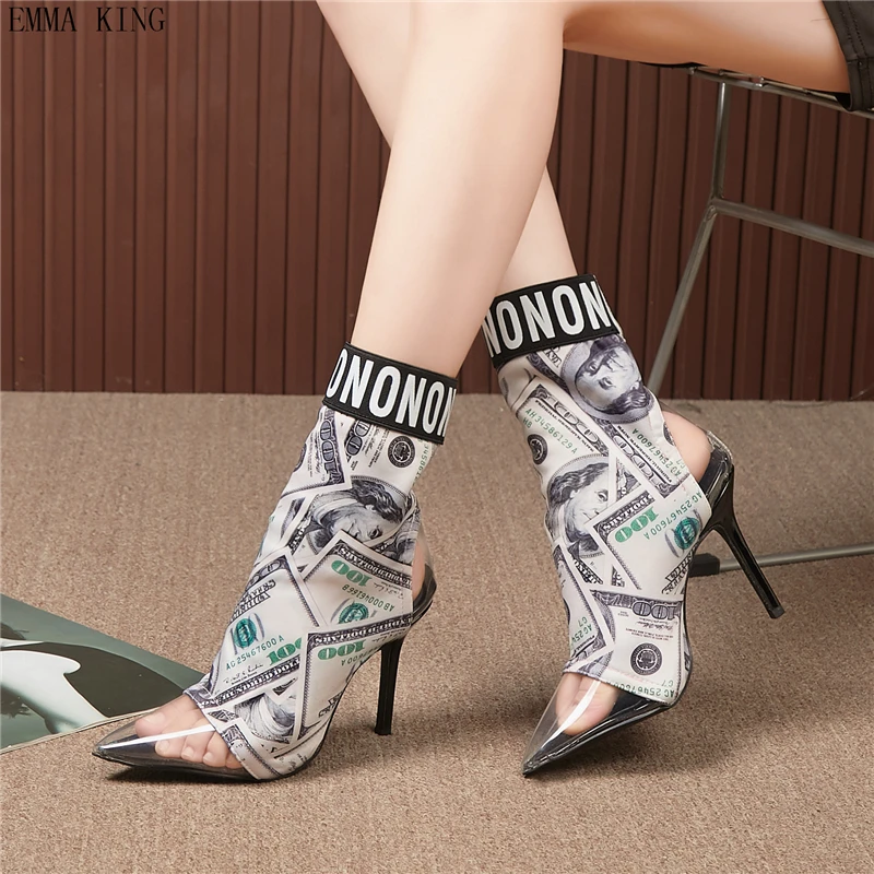 2023 Dollar Print Women Short Sock Boots Fashion PVC Pointed Toe Ankle Booties Fashion Stilettos High Heels Woman Winter Shoes