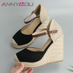 ANNYMOLI Women High Heels Platform Wedges Espadrille Shoes Bohemia Ankle Strap Wedding Shoes Ladies Spring Red Size 34-43