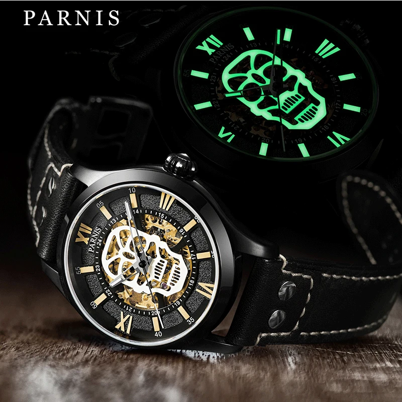 2024 New Parnis 42mm Black PVD Case Mechanical Luminous Men Watches Skull Design Sapphire Glass Men Automatic Watch reloj hombre