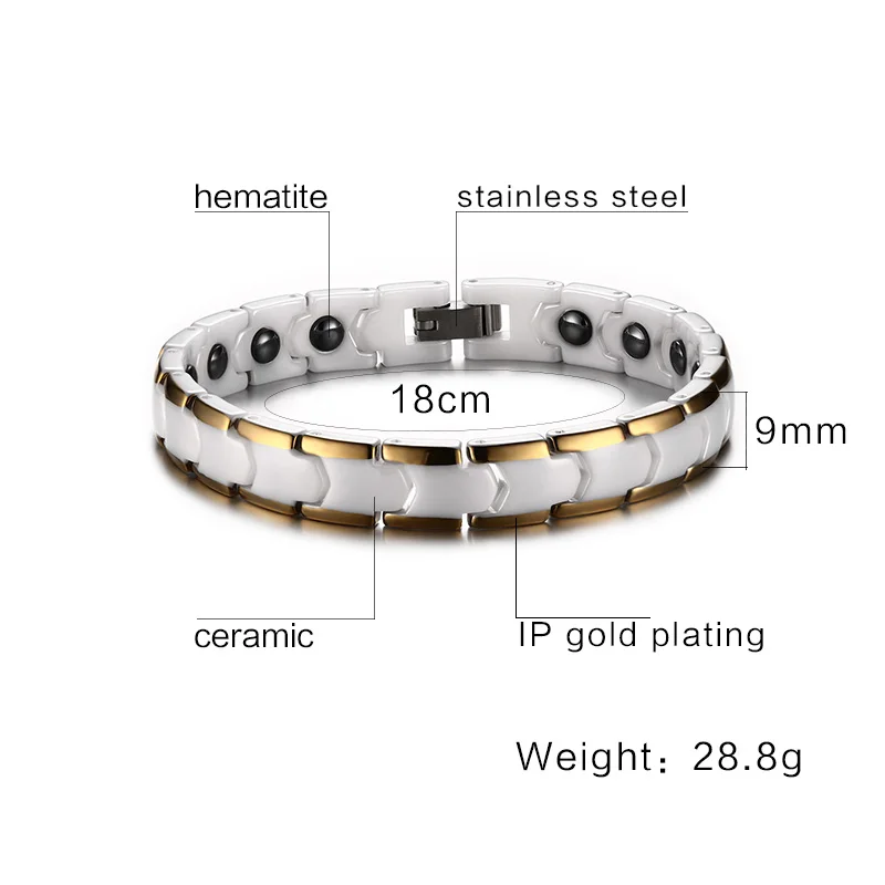 Vinterly Bracelets for Women Anti-Scratch 9mm Gold-color Chain Link White Ceramic Health Energy Hematite Magnetic Female Jewelry