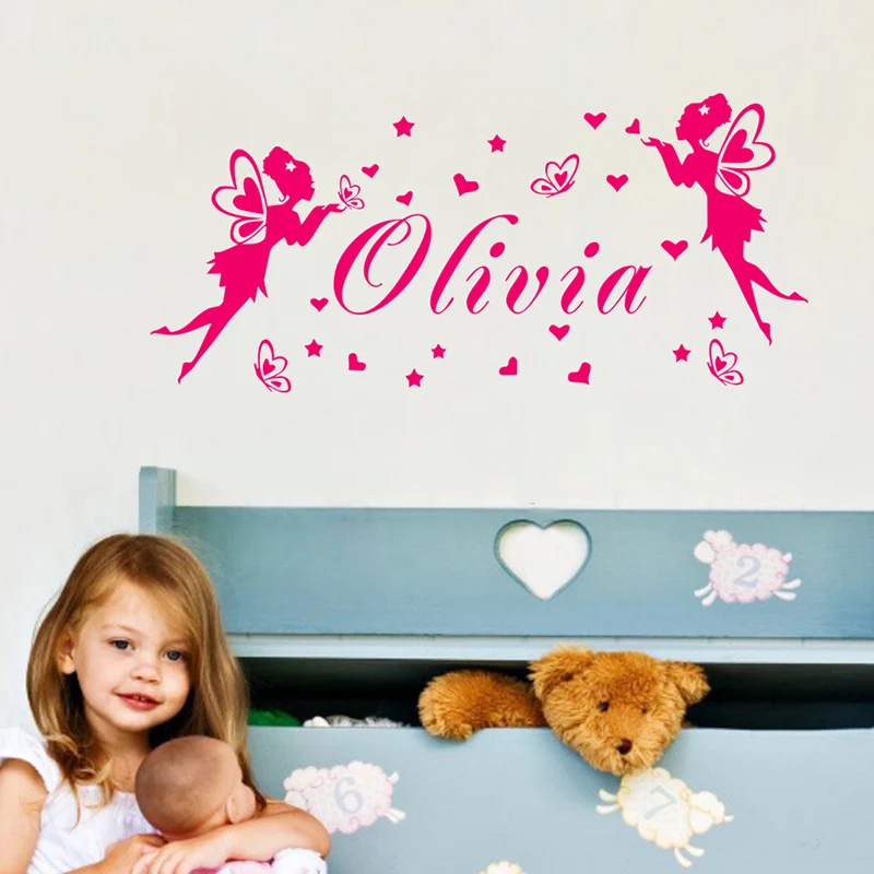 JJRUI Personalised Fairies Butterflies Any Name Vinyl Wall Sticker Art Decal Girls Home Decor Wall Stickers for Children Bedroom