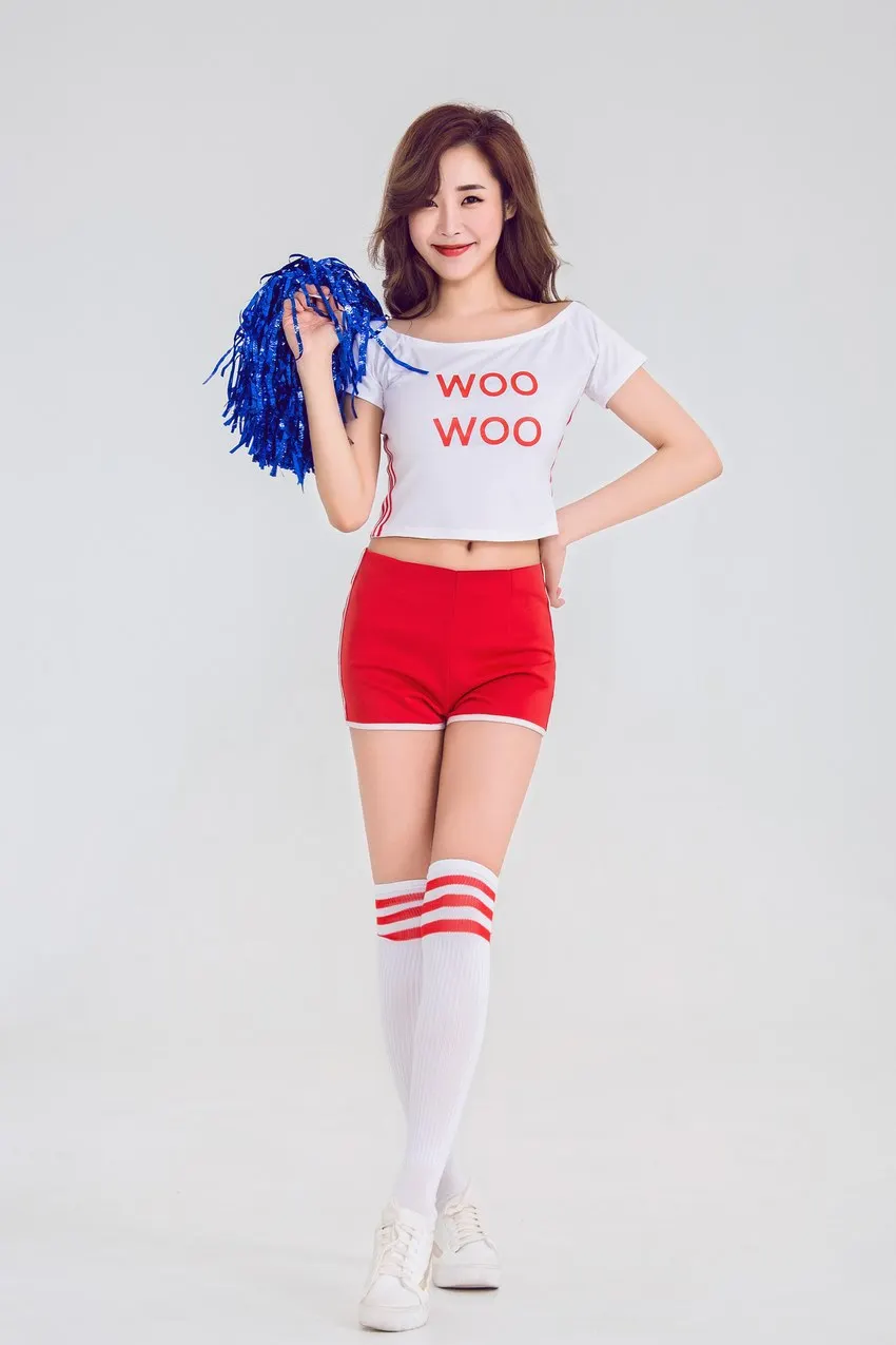 Nieuwe Koreaanse Stijl Schoolmeisje Cheerleader Kostuum Sokken Cheerleading Uniform Cheerleading Jurk Rood Wit Sexy Team Danskleding Vrouwen