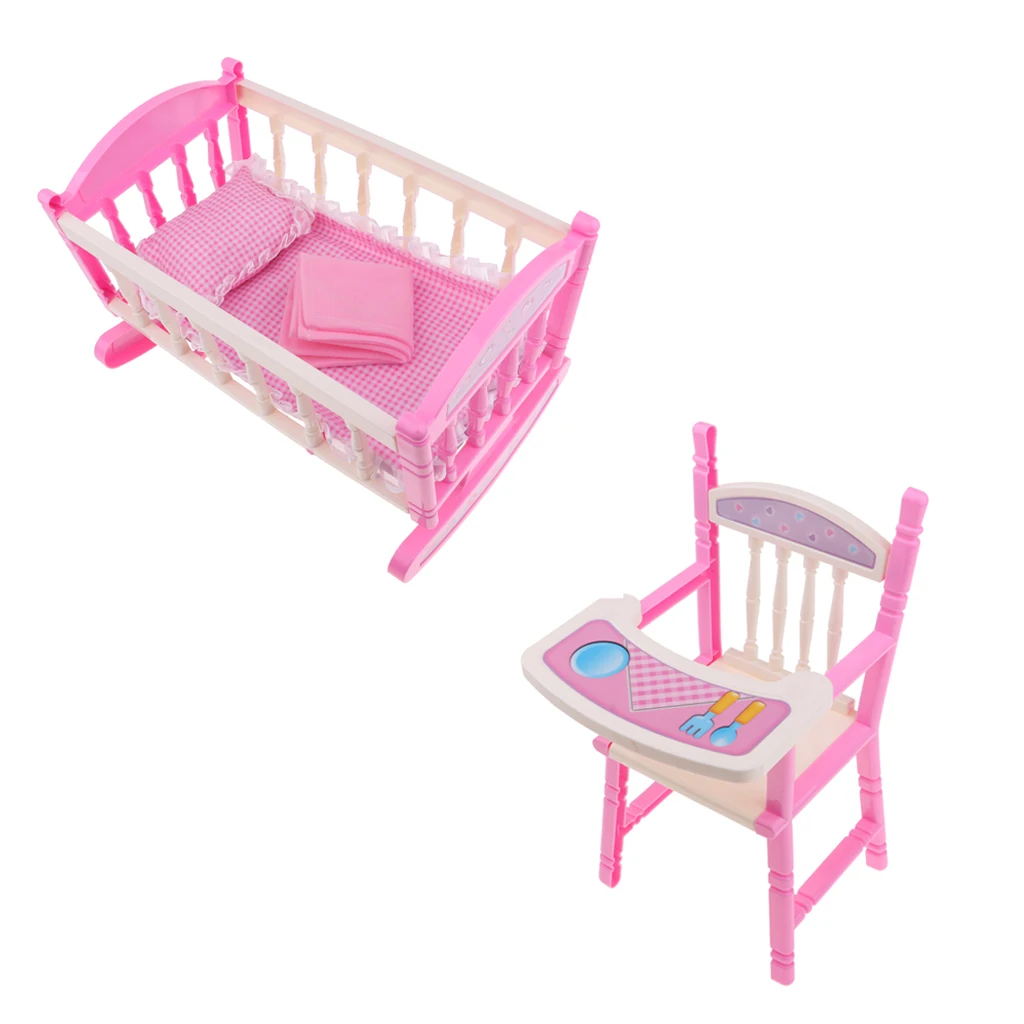 Cadeira alta Berço Cama para Criança, Playset Móveis ABS, Berço Reborn Bed Set, Cadeira de jantar Acessórios, Baby Doll