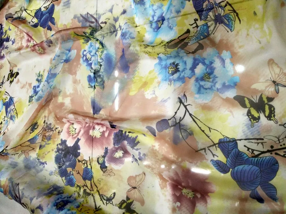 

Telas Pure Natural Mulberry Silk Chiffon Digital Printing Blue white Fabric Material Textile Sew Women Dress Scarf 8MM Thin Wide