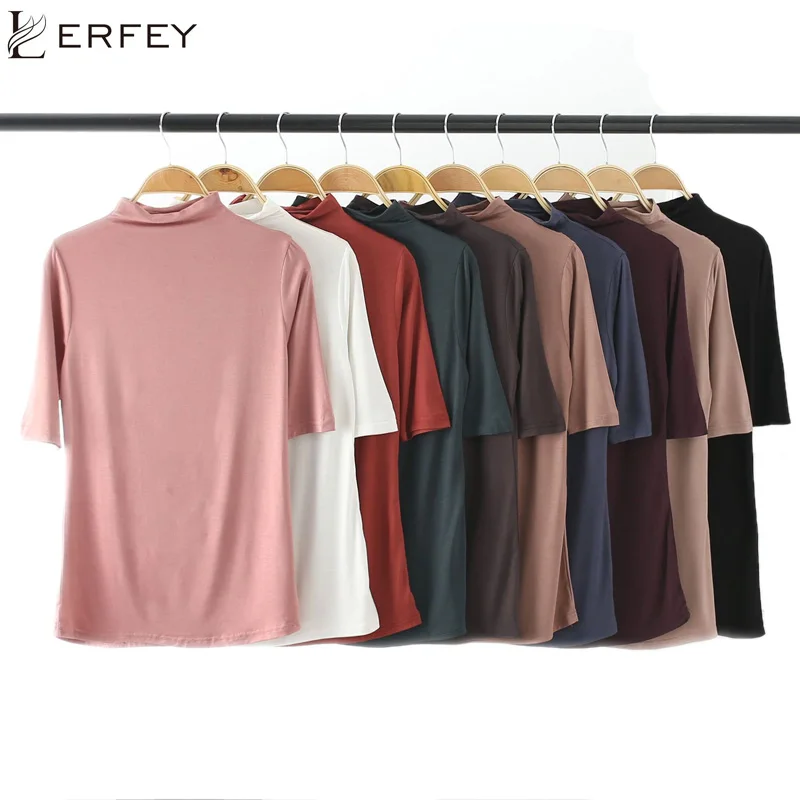 

LERFEY с высоким, плотно облегающим шею воротником Slim Fit Футболка спецодежды Офисная Женская Высокая шея с коротким рукавом Футболка для женщин Весна минималистичные женские Т-образные Топы