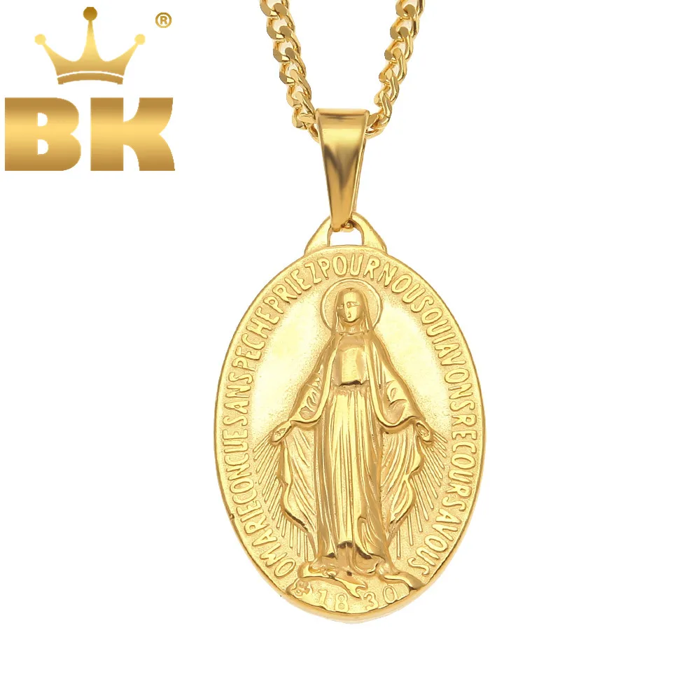 Stainless Steel Necklace Punk Women Men Fashion Gold Color Chains Virgin Mary Pendant Cross Medallion Religious Jewelry