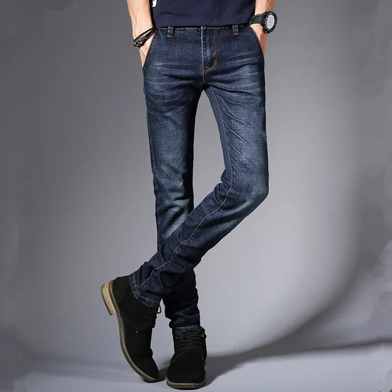 [EL BARCO] Cotton Denim Jeans Men Slim Soft Breathable Solid Blue Male Casual Long Pants Straight Pockets Trousers Size 28-34