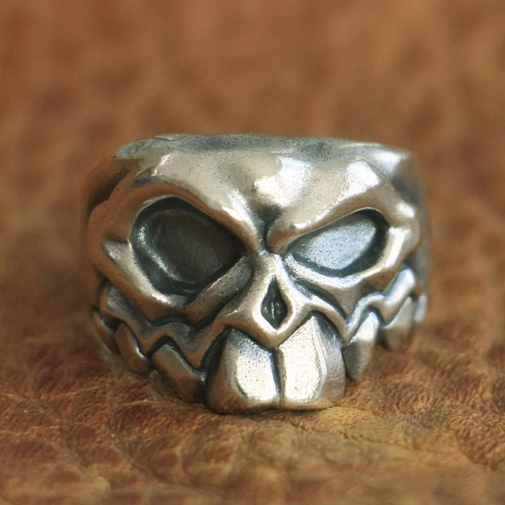 

LINSION 925 Sterling Silver Front Tooth Skull Ring Mens Biker Ring TA107 US Size 7~15