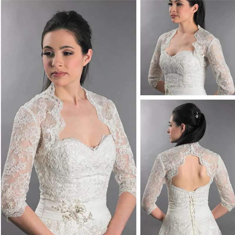 

New 3/4 Sleeve Backless Front Open Sexy Lace Appliques Wedding Bridal Bolero Jacket Shawl White/Ivory Custom Size Jackets