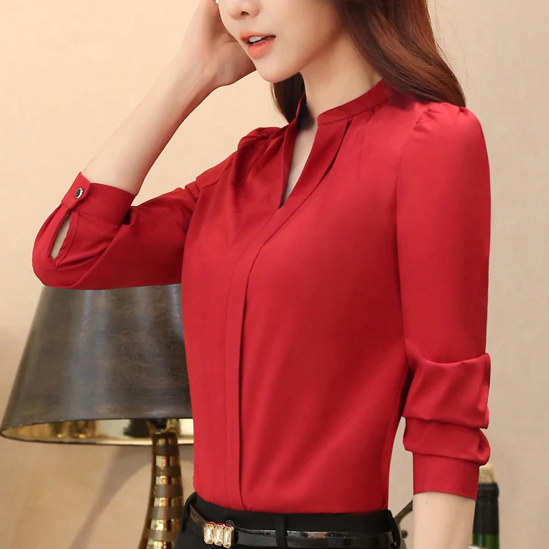 2018 Spring fashion Sexy V-Neck shirt women OL Career temperament formal long sleeve chiffon blouse office ladies plus size tops