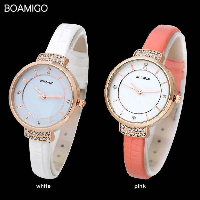 BOAMIGO Fashion Women Quartz Watches Leather Strap Luxury Brand Ladies Rhinestone Watches Women\'s White Wristwatches