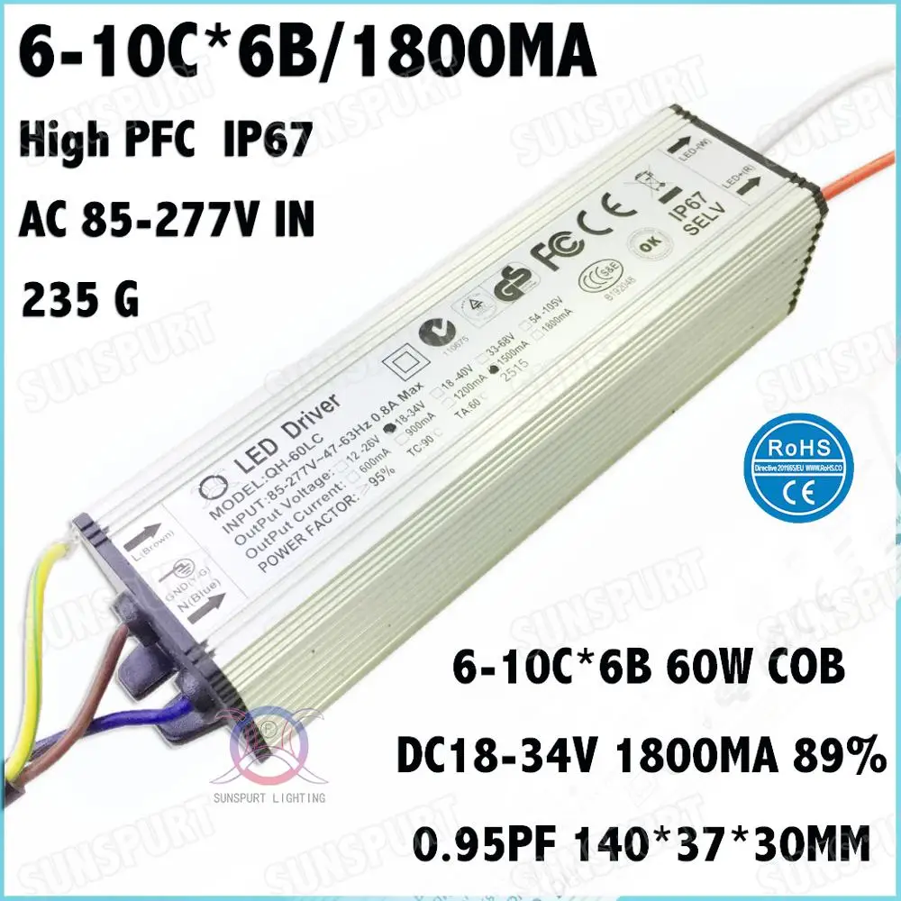 

2 Pieces Isolation 60W AC85-277V LED Driver 6-10x6 1.8A DC18-34V IP67 Waterproof Constant Current For Spotlights Free Shipping