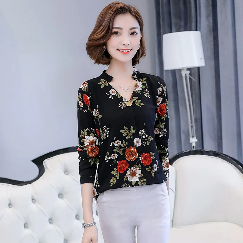 Spring Printed Chiffon Shirt Women's Long Sleeve Large Size V Collar Office Ladies Work Tops Female Fashion Casual Blouses H9052