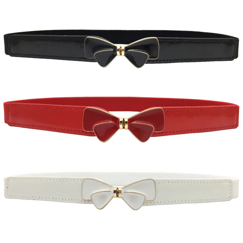 Women Black Leather Belt Lady Bowknot thin Waistband Elastic  Fashion white enamel Bow buckle Belt Dress Accessories Cummerbunds