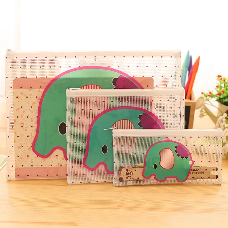 1Pcs Cartoon Elephant Translucent Waterproof Pencil Bags PVC File Folder Document Filing Bag Stationery Bag for Kids Office