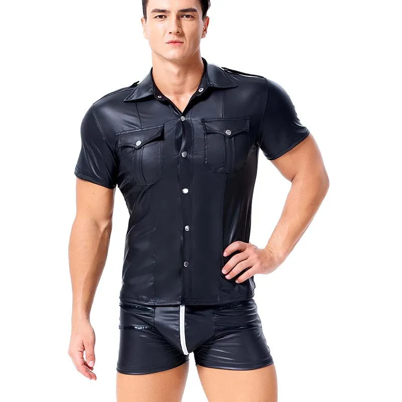 PU Leather Moto Black Shirts Men Sexy Wetlook Fitness Tops Gay Shirt Mens Stage Shirt Turn-downNeck Men Casual Clothes Club Wear