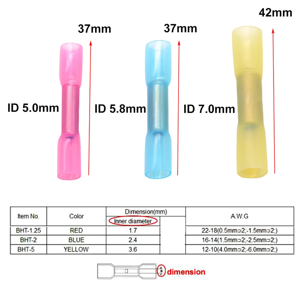 50PCS 레드 BHT1.25 열 수축 버트 방수 커넥터, 스플라이스 버트 열 수축 튜브 조인트 및 커넥터 22-16AWG 0.5-1.5mm