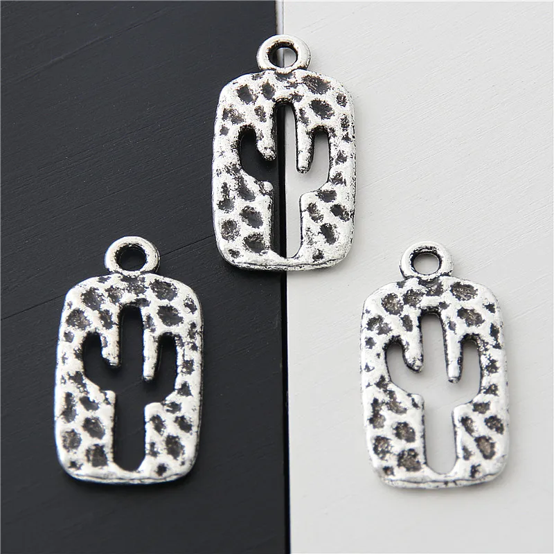 30pcs  Silver Color Hollow Rectangle Cactus Charms Desert Plant Pendant  Finding Jewelry Handmade Accessories 23x12mm A3062