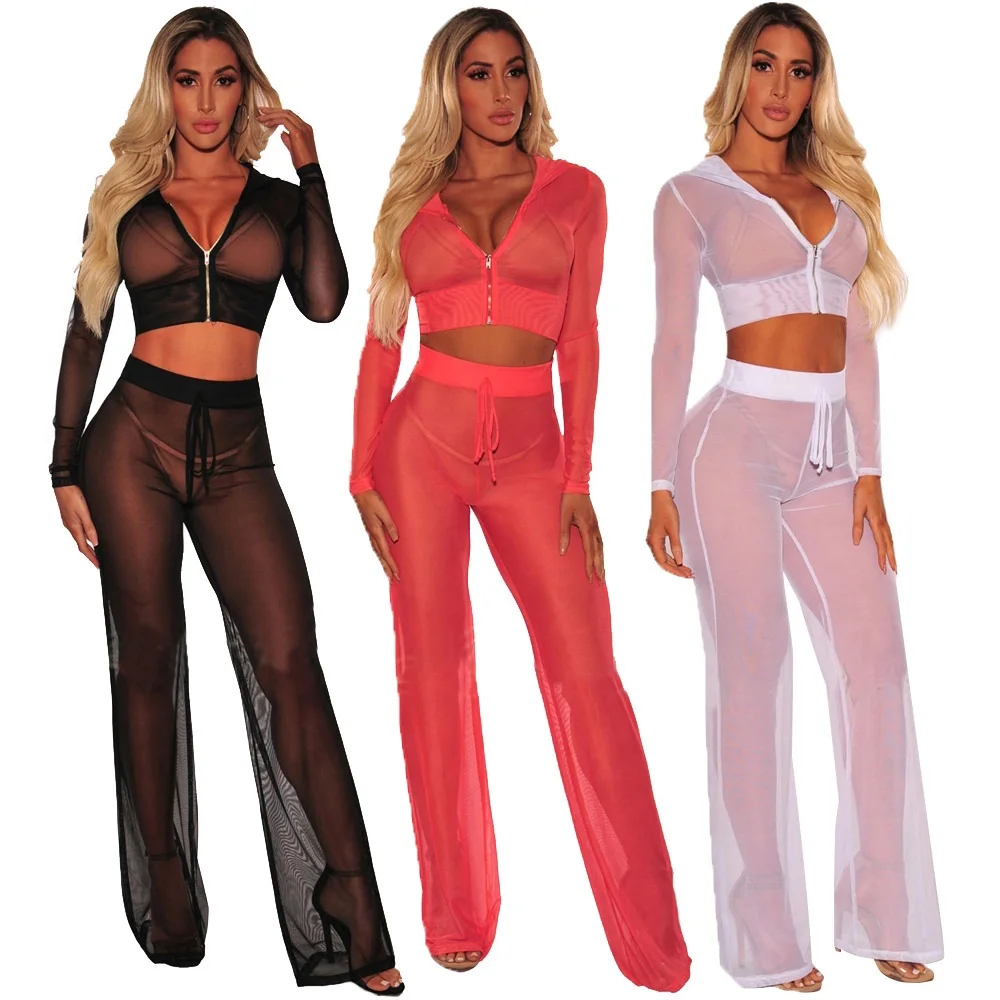 Sexy crop top two piece set tracksuit women gauze Fashion Hoodie Pant cropped tops