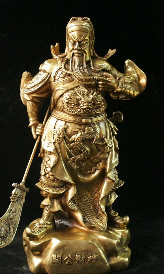 Collect China Brass Dragon Robe Guan Gong Guan Yu Wu Sheng Wealth Statue 13 inch