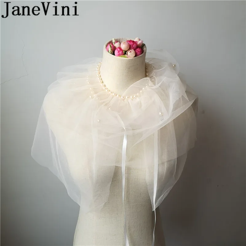 JaneVini – Capes de mariée en Tulle pur pour femmes, couleur Champagne blanc, perles, été, Boleros, fête de mariage, châle, enveloppes