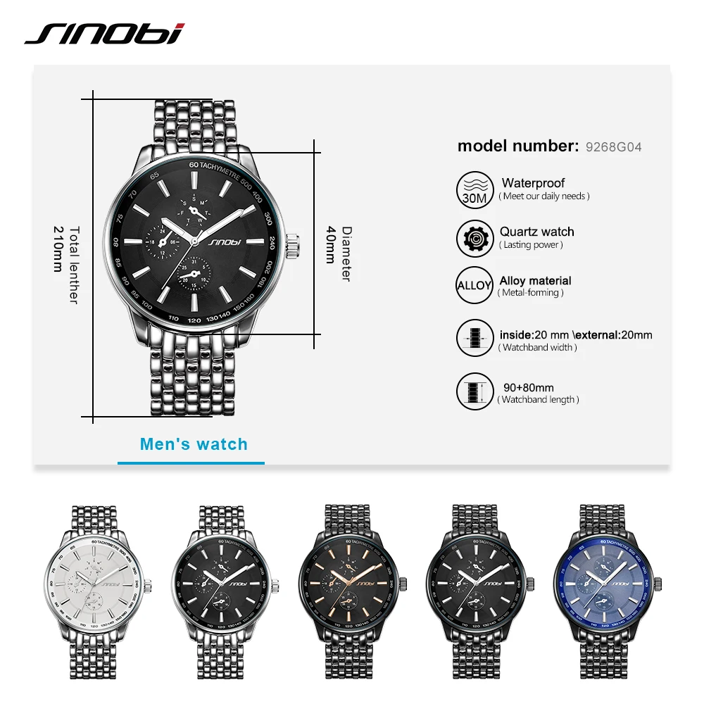 SINOBI Brand Luxury Fashion Men Watches Classics Stainless Steel Men Wristwatch Black Sports Geneva Watches Relogio Masculino