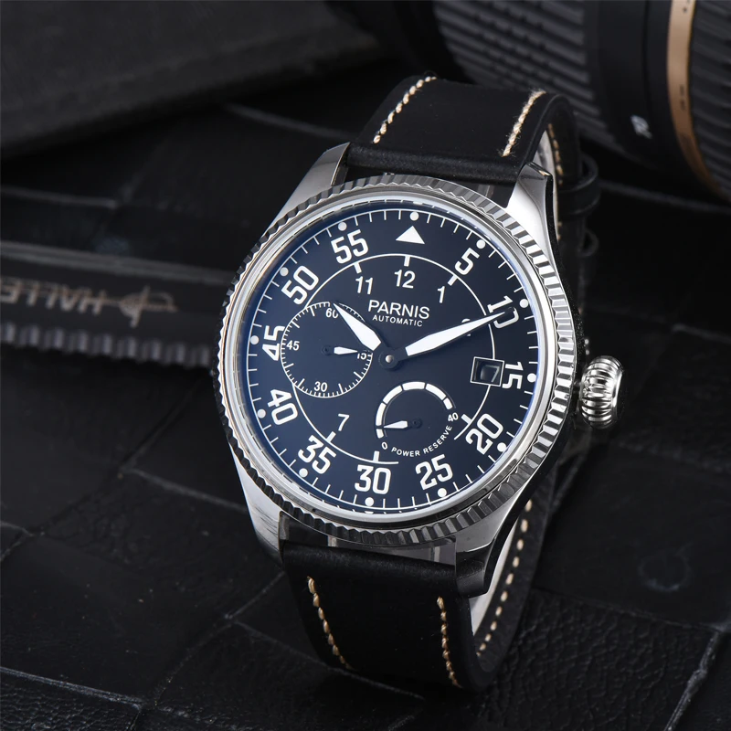 New Fashion Parnis 45mm Black Dial Automatic Mechanical Men\'s Watch Leather Strap Waterproof Men Luxury Wristwatches reloj 2023