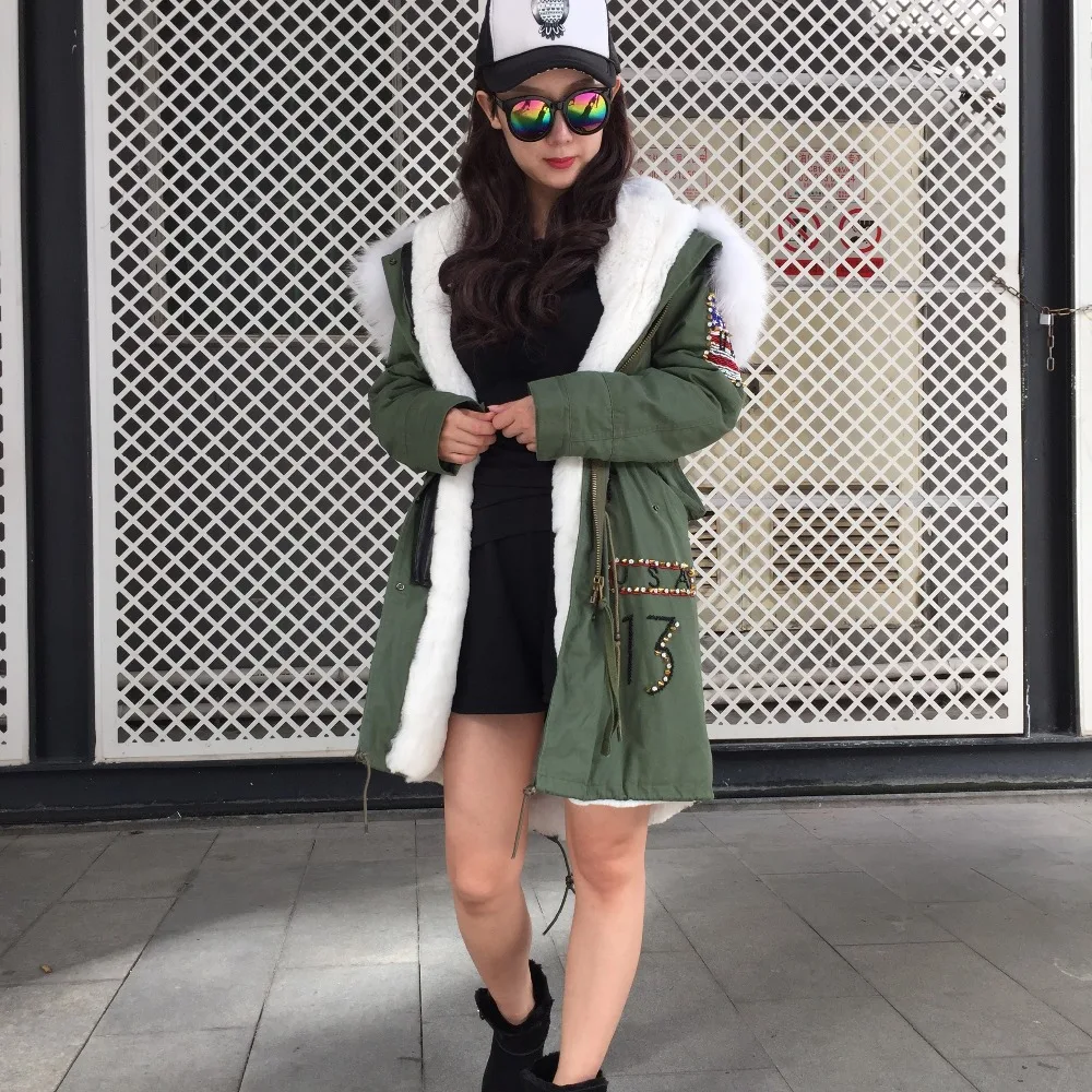 

US Flag Embroidery Long Parka With White Faux Fur Lining Women Winter Fashion Overcoat