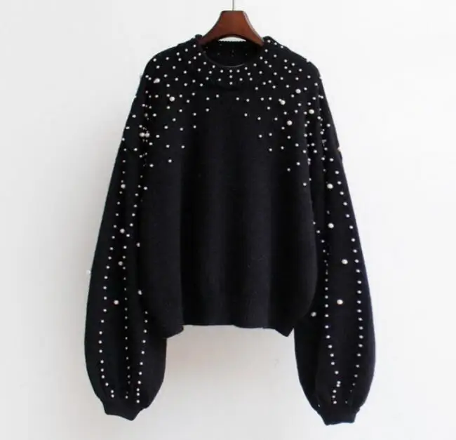 Winter knitted sweater Women Pearl Beading lantern sleeve loose gray pullover female Soft warm autumn casual jumper