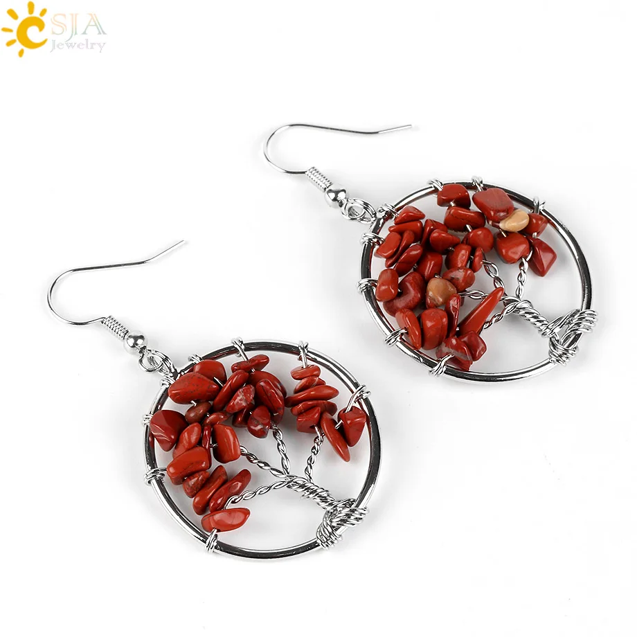 CSJA Tree of Life Women Drop Earrings Round Natural Chip Gem Stone Opal Tiger Eye White Crystal Dangle Hook Earring Jewelry E514